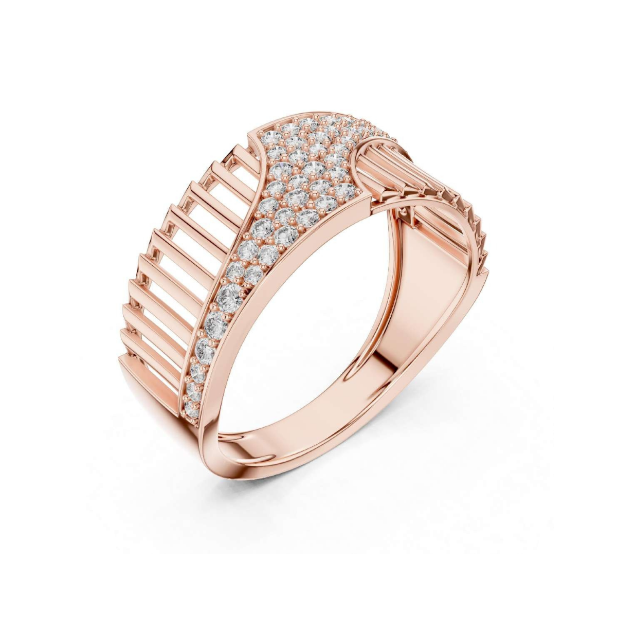 Rose gold ring with diamond accents on a white background
