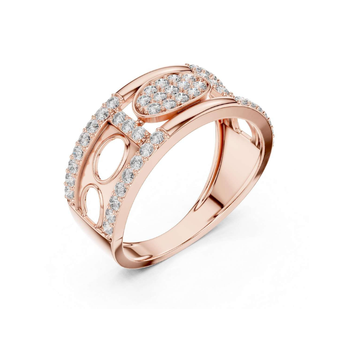 Rose gold ring with diamond accents on a white background