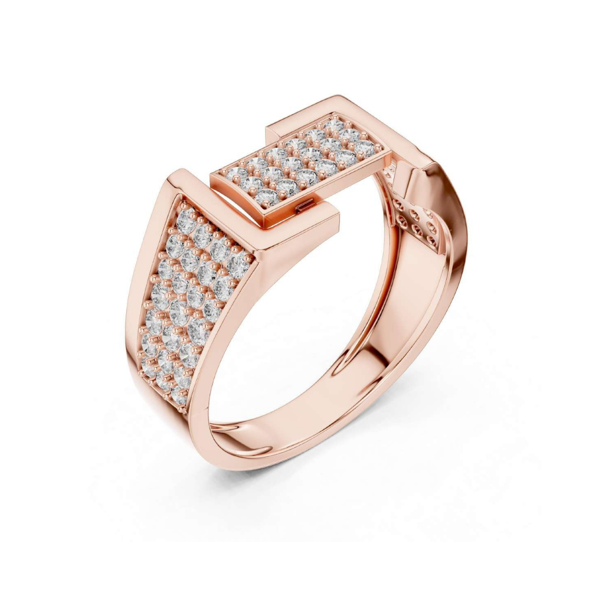 Rose gold ring with diamond accents on a white background
