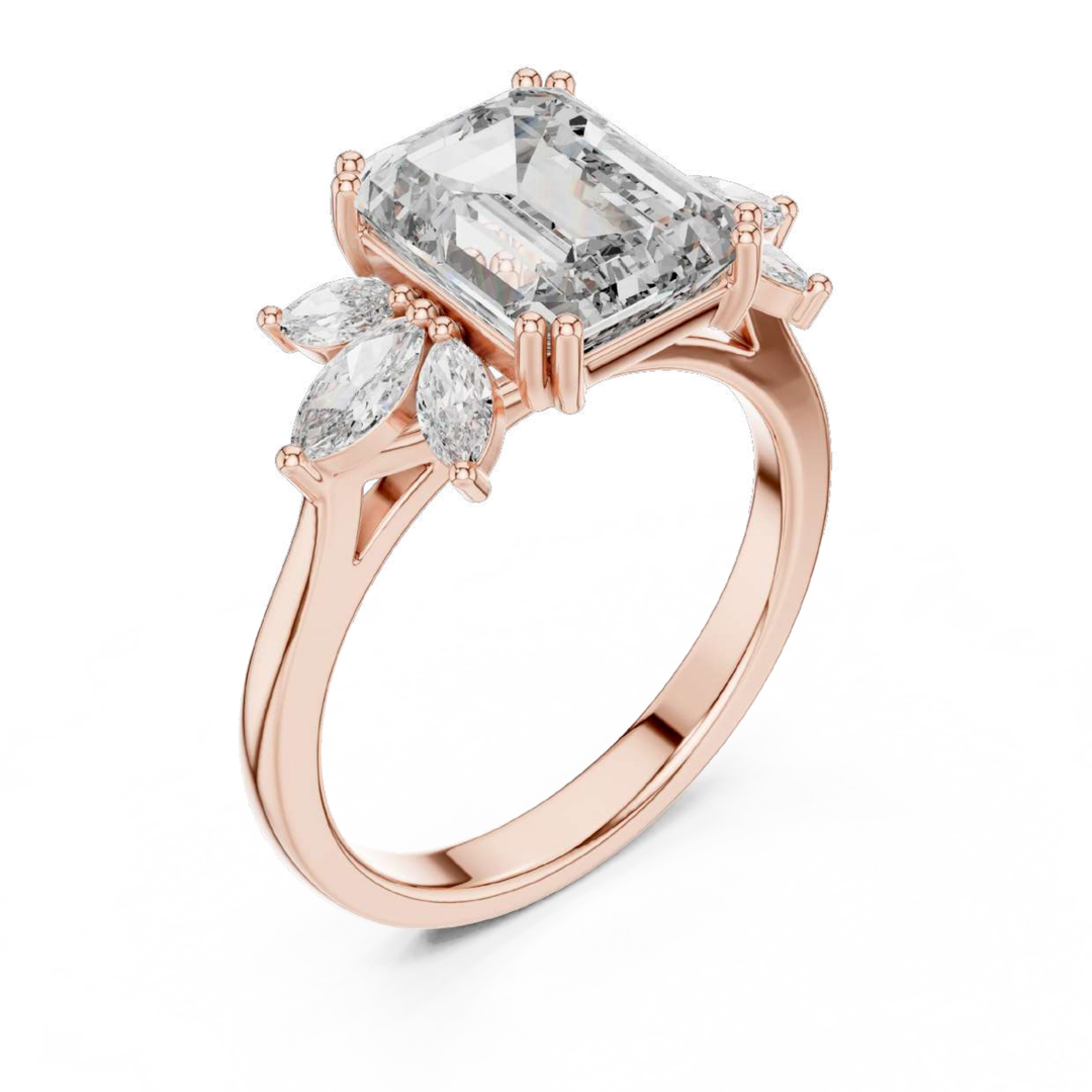 Rose Gold Emerald-Cut Floral Diamond Ring