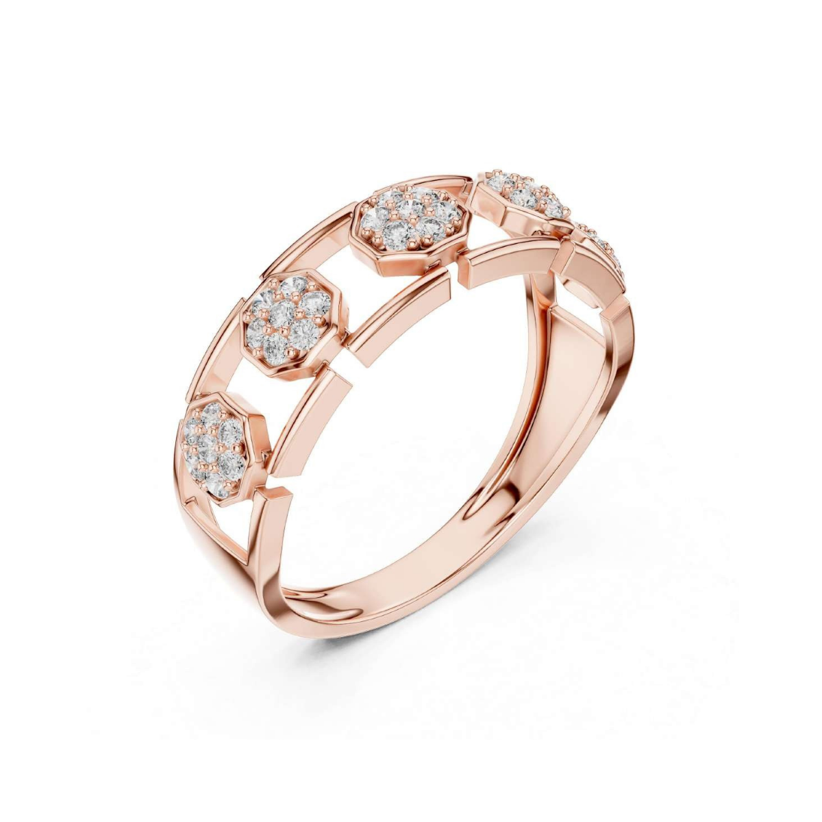 Rose gold ring with diamond accents on a white background