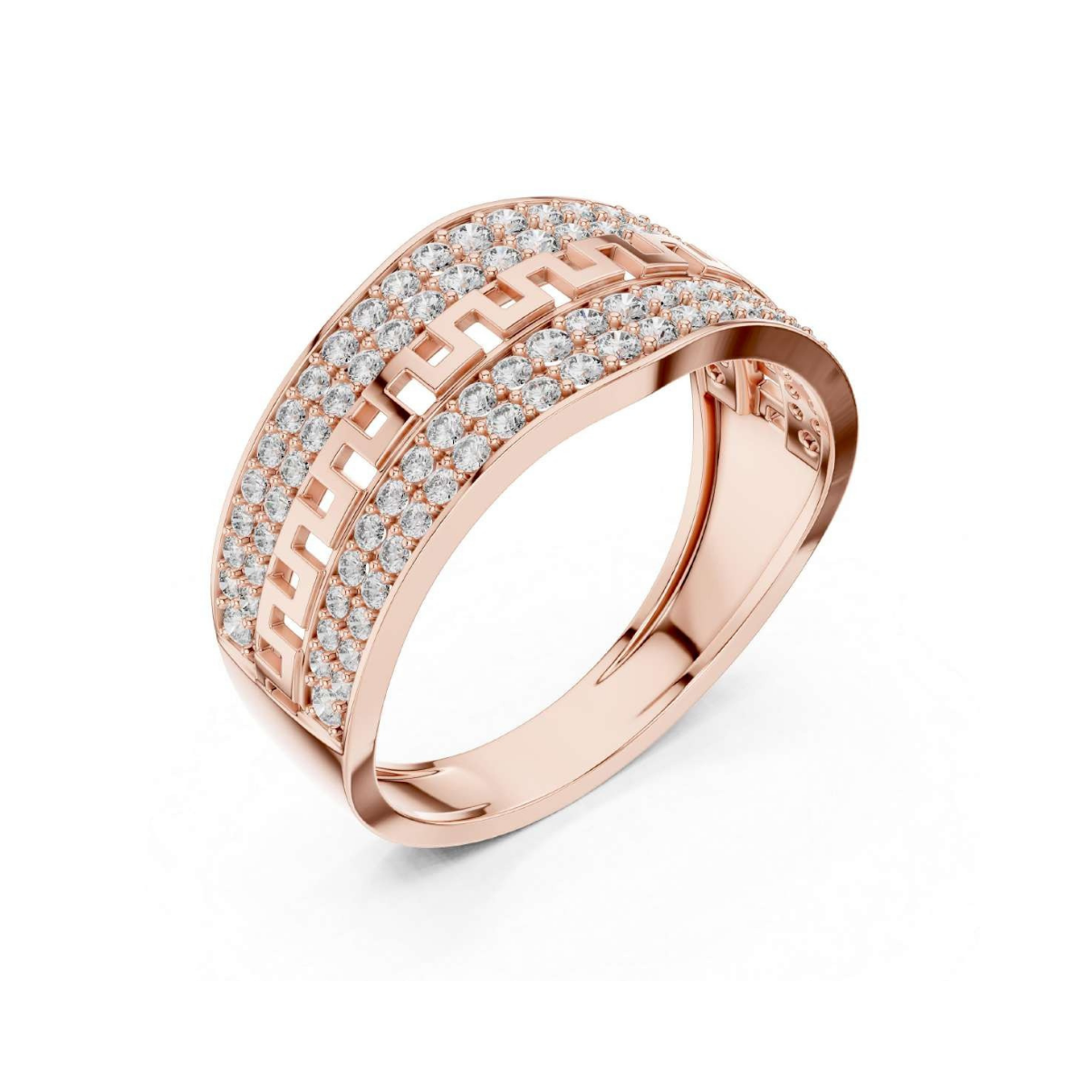 Rose gold ring with diamond accents on a white background