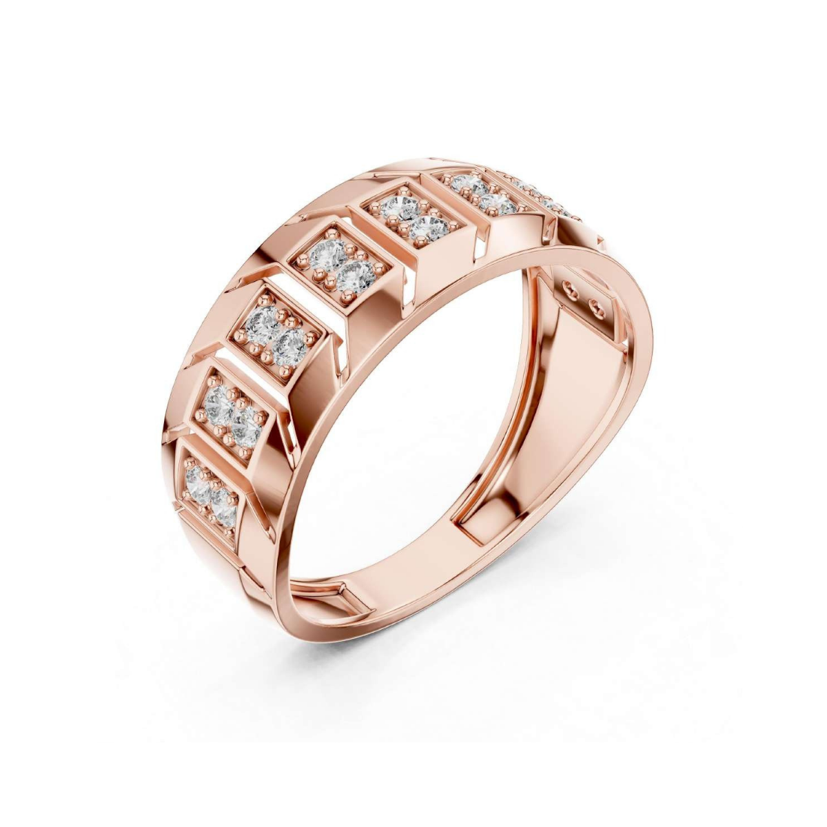Rose gold ring with diamond accents on a white background