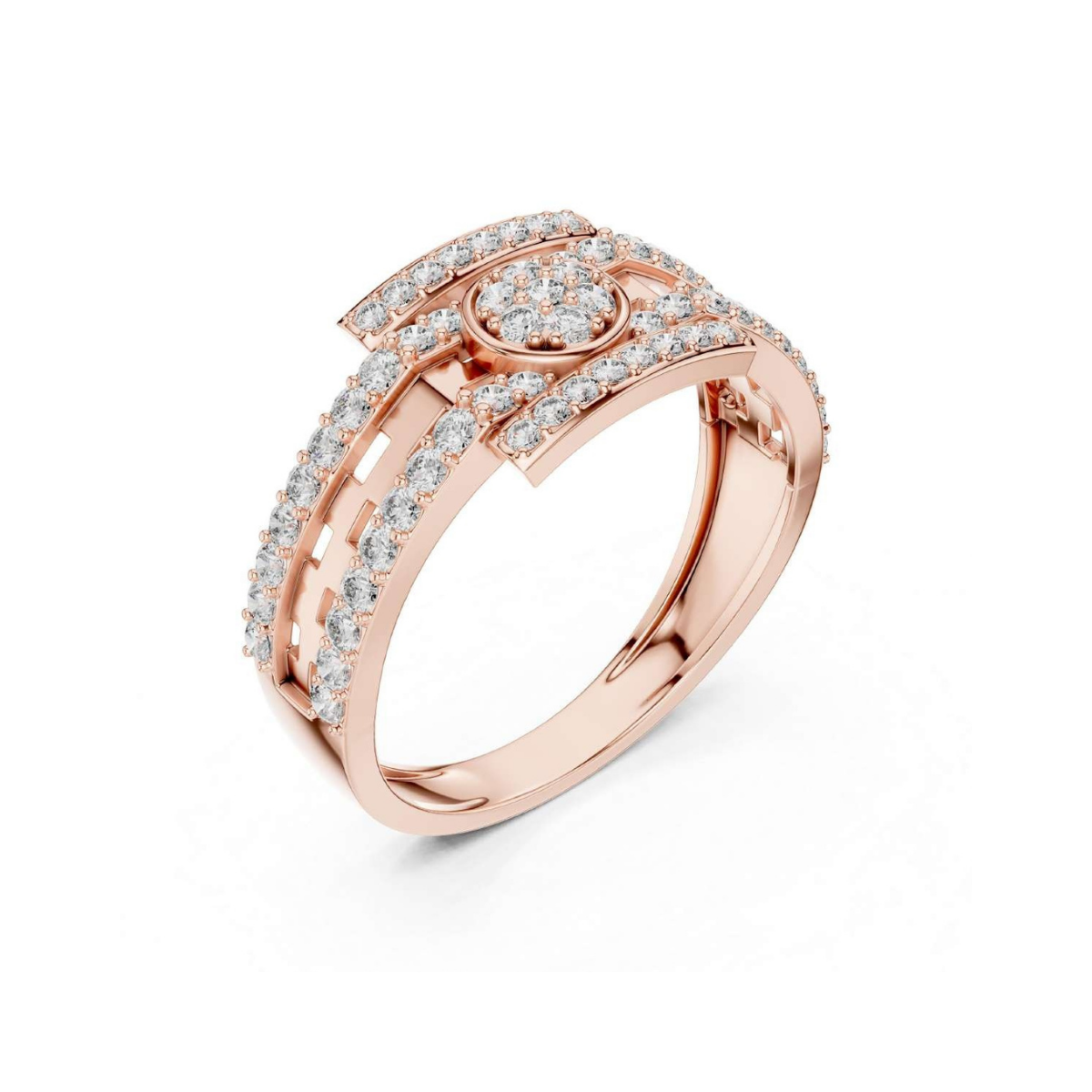 Rose gold ring with diamond accents on a white background