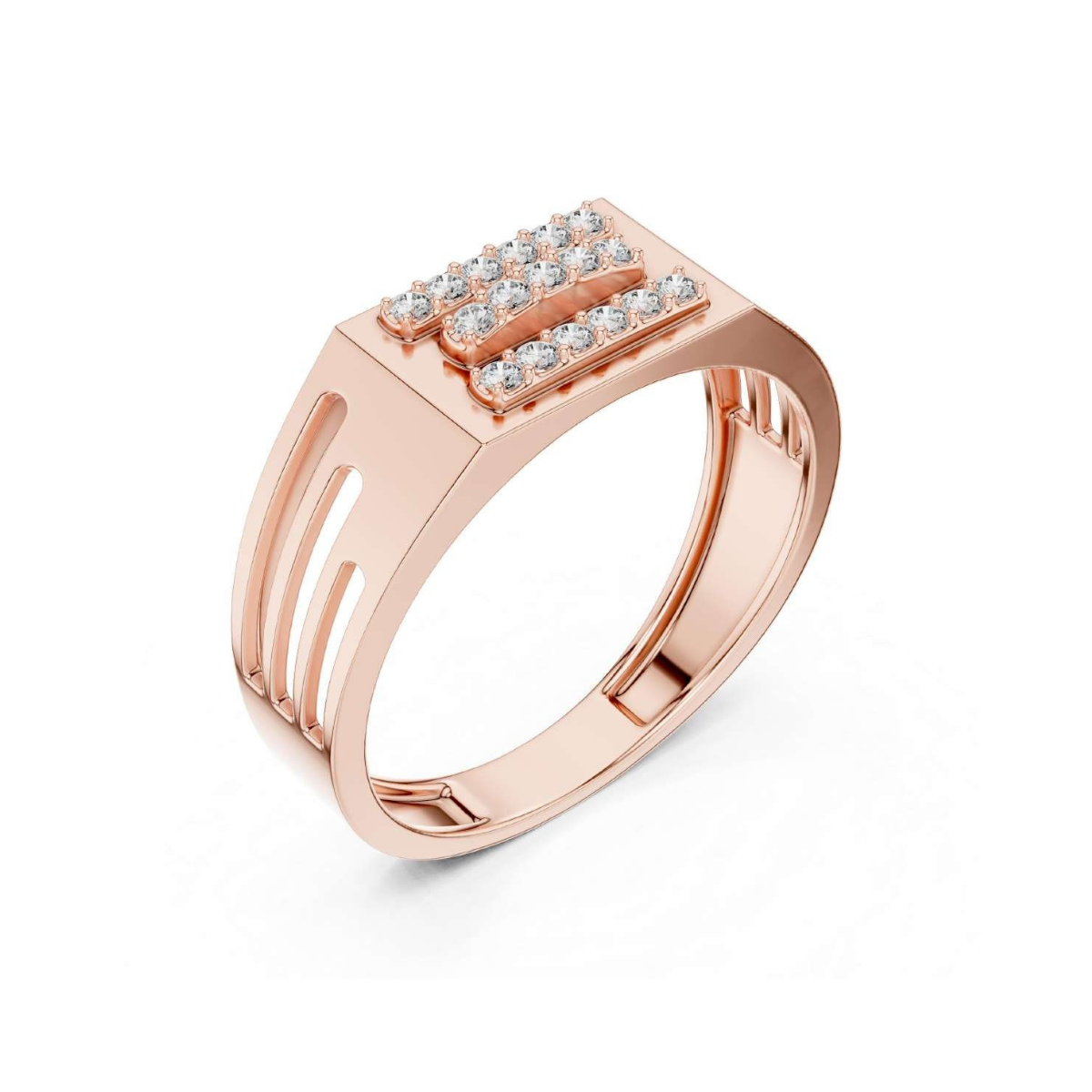 Rose gold ring with diamond accents on a white background