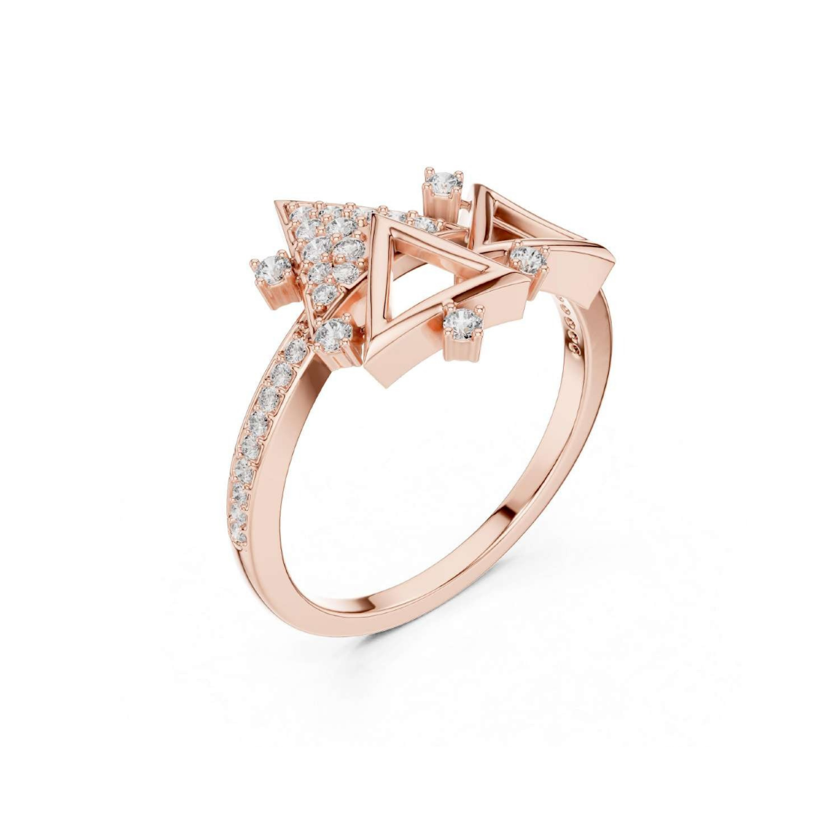 Rose gold ring with diamond accents on a white background