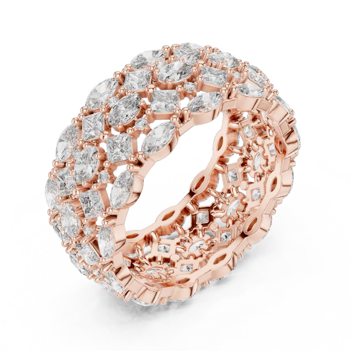 Rose gold ring with diamond accents on a white background