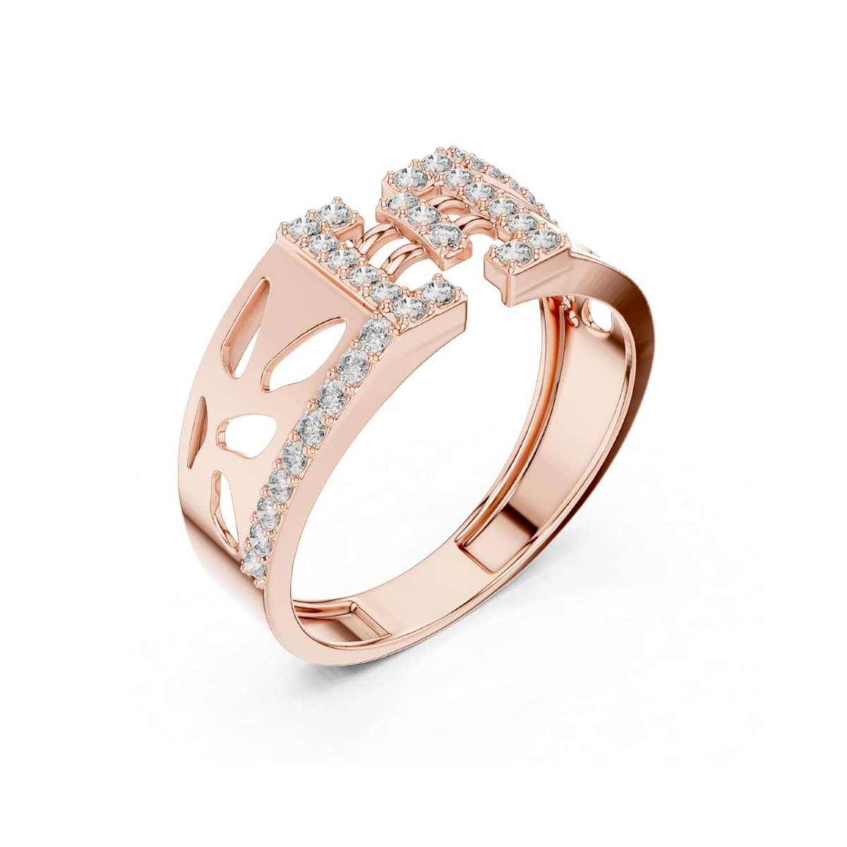 Rose gold ring with diamond accents on a white background