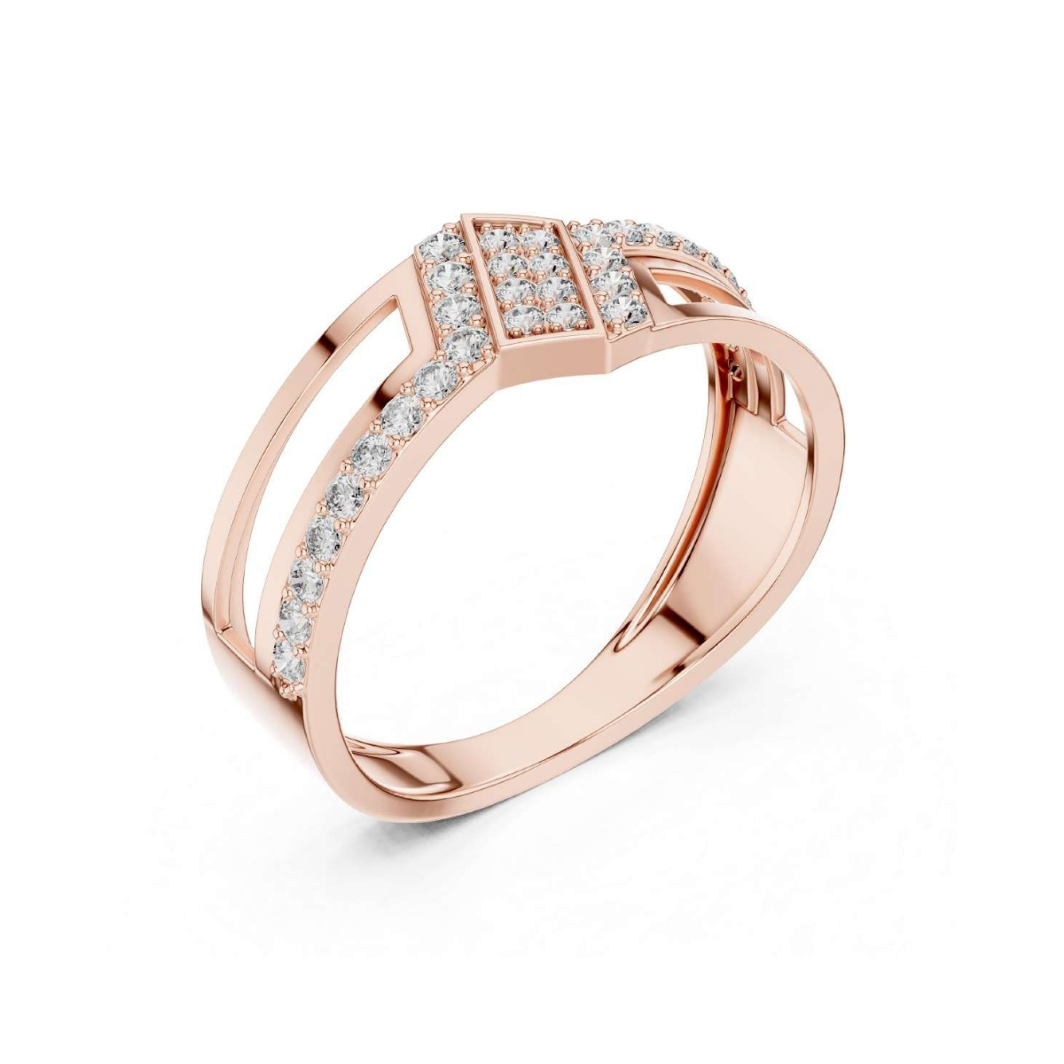 Rose gold ring with diamond accents on a white background
