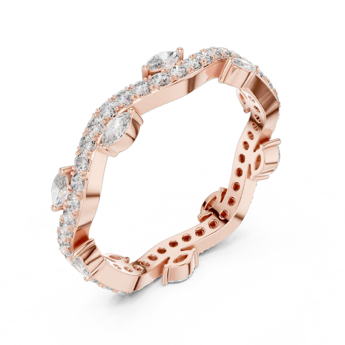 Rose gold ring with diamonds on a white background