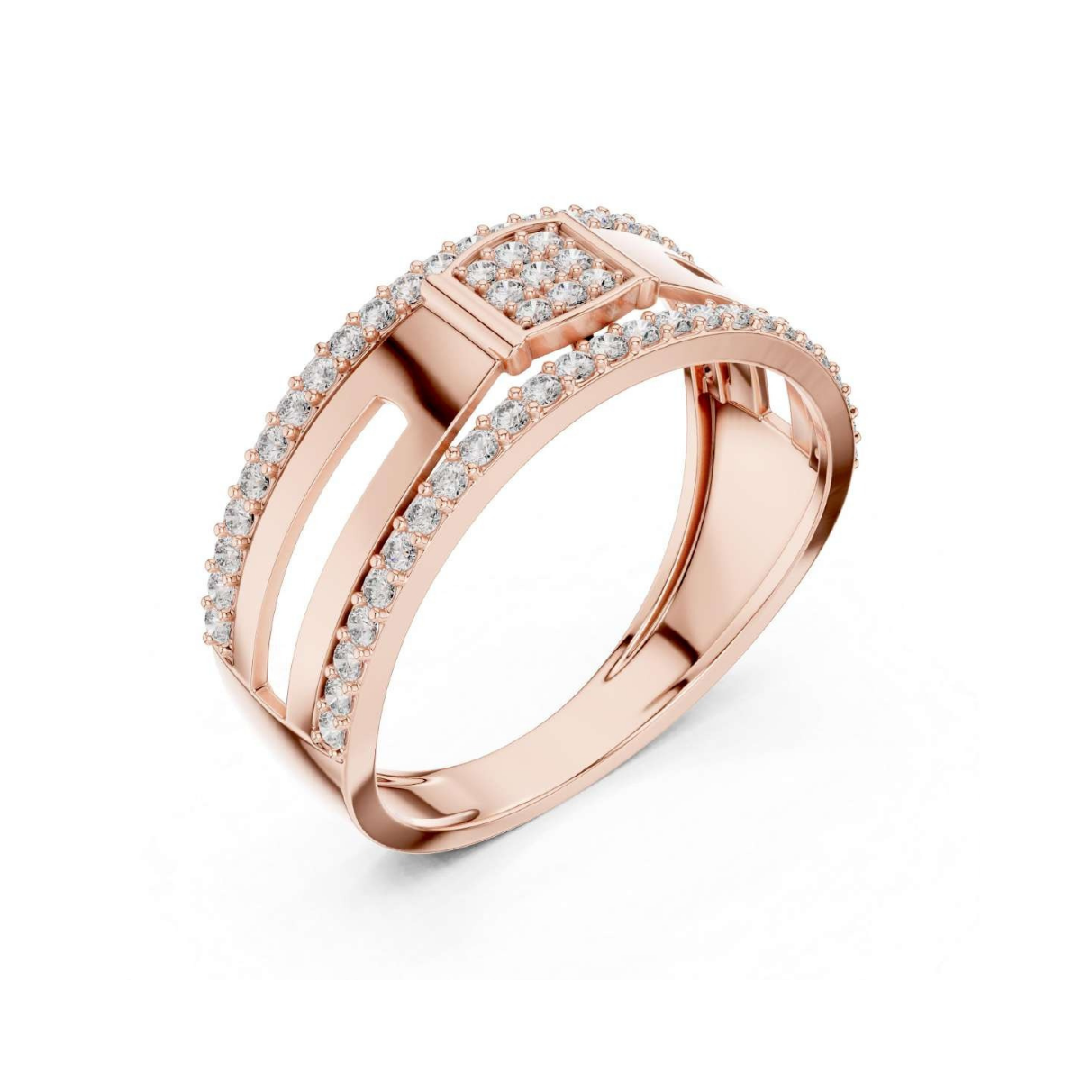 Rose gold ring with diamonds on a white background