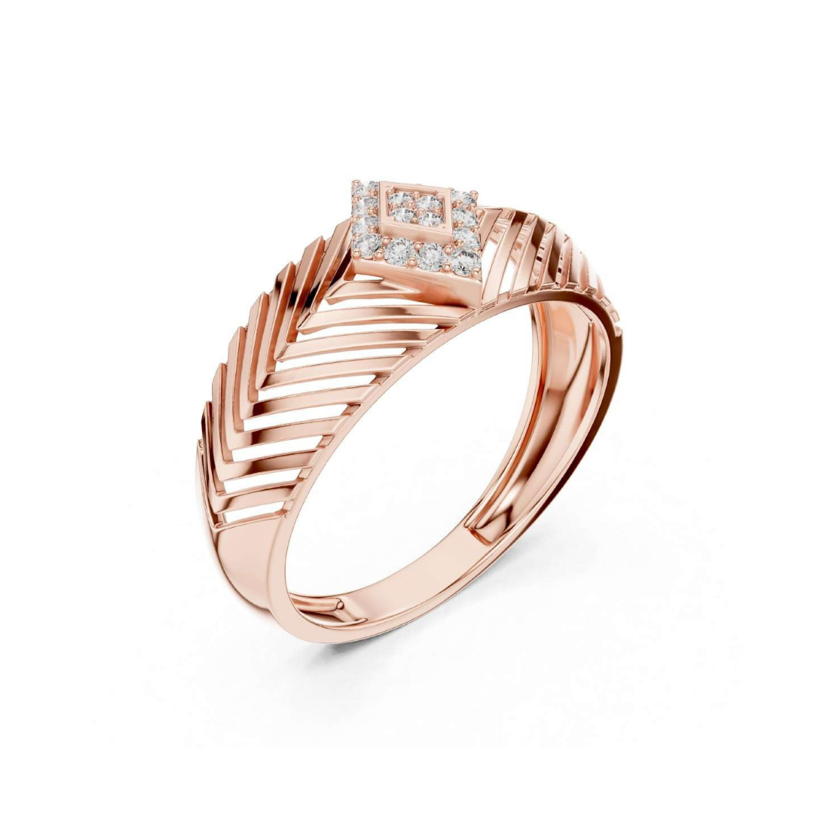 Rose gold ring with diamond accents on a white background