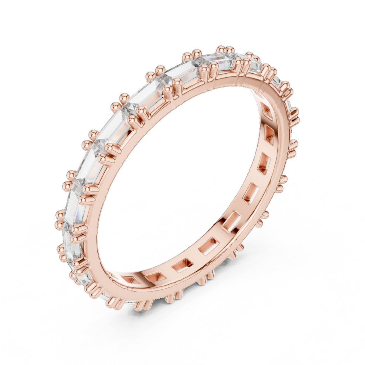 Rose gold ring with clear gemstones on a white background