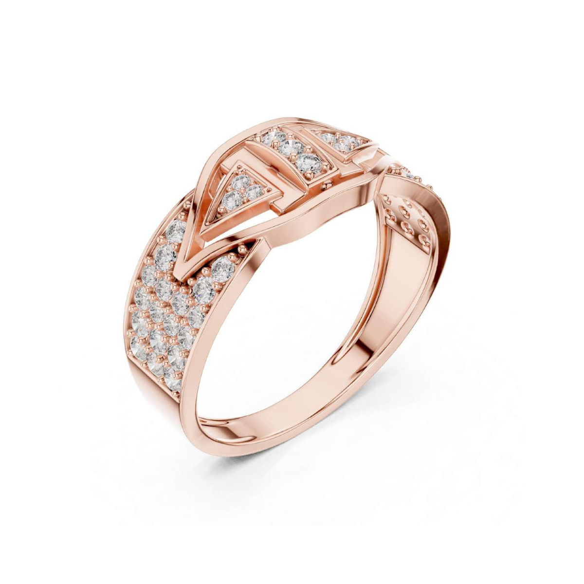 Rose gold ring with diamond accents on a white background