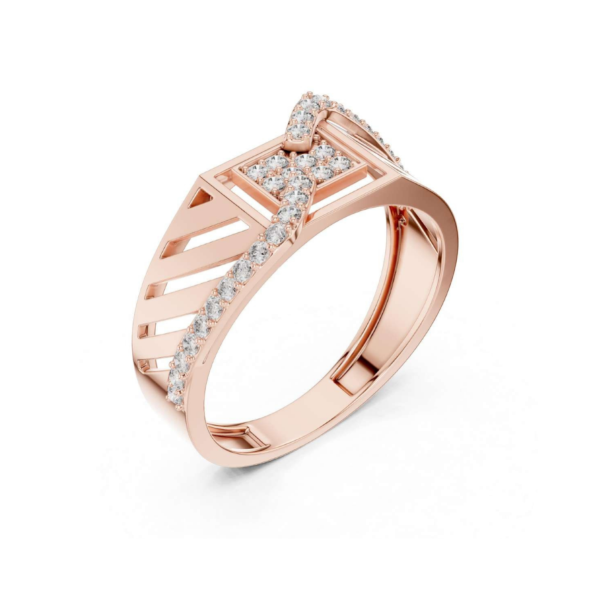 Rose gold ring with diamond accents on a white background