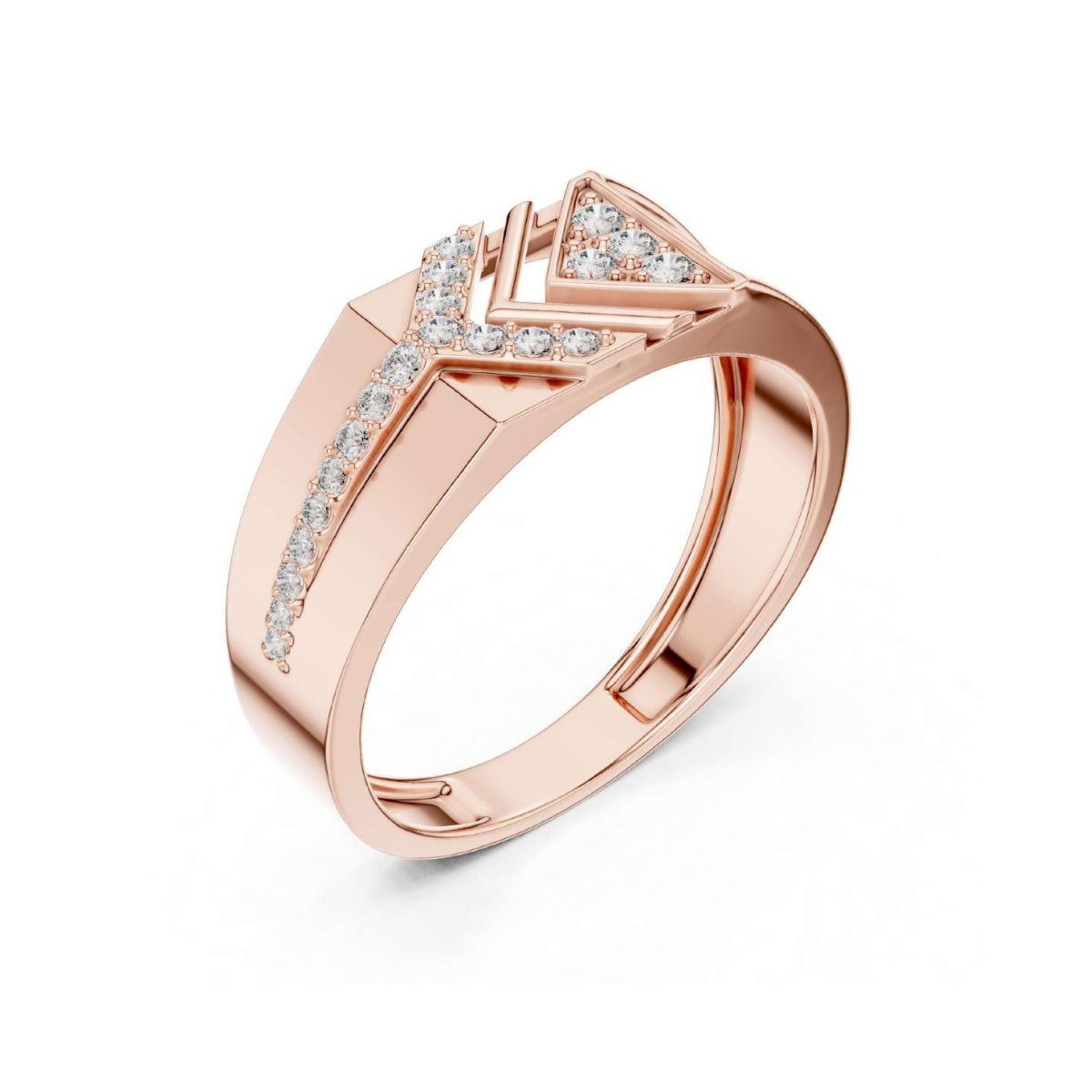Rose gold ring with diamond accents on a white background