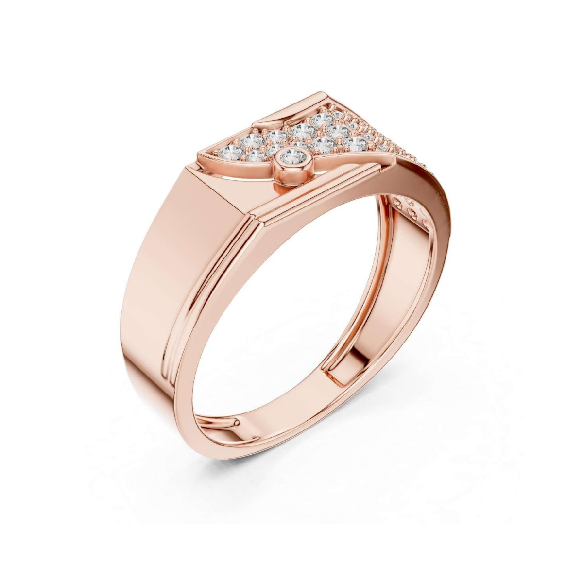 Rose gold ring with diamond accents on a white background