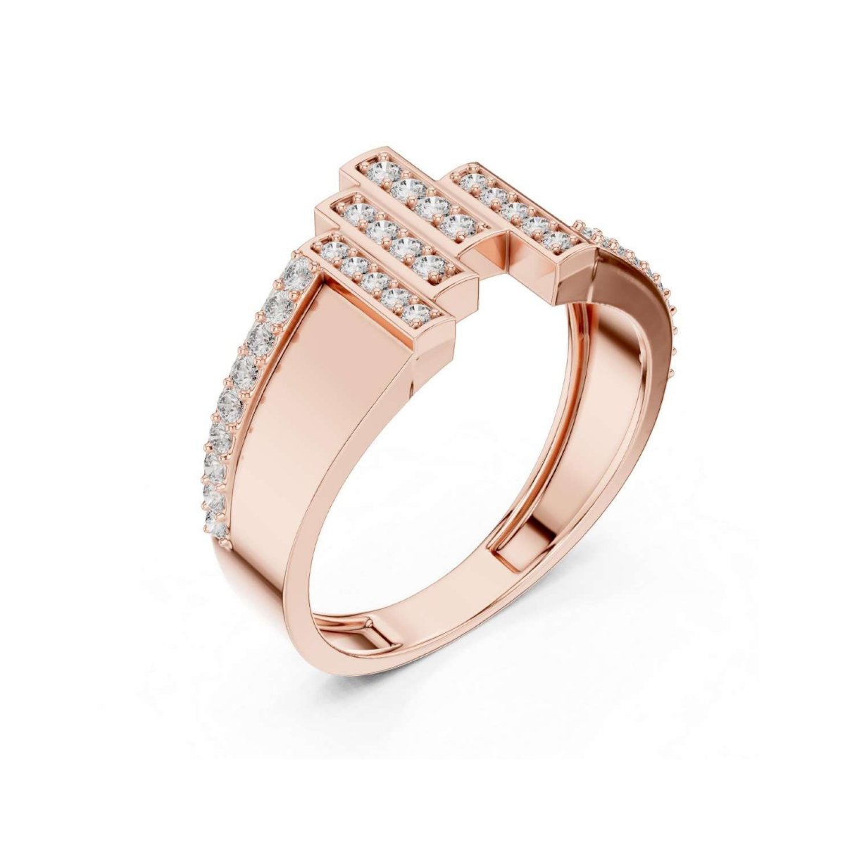 Rose gold ring with diamond accents on a white background