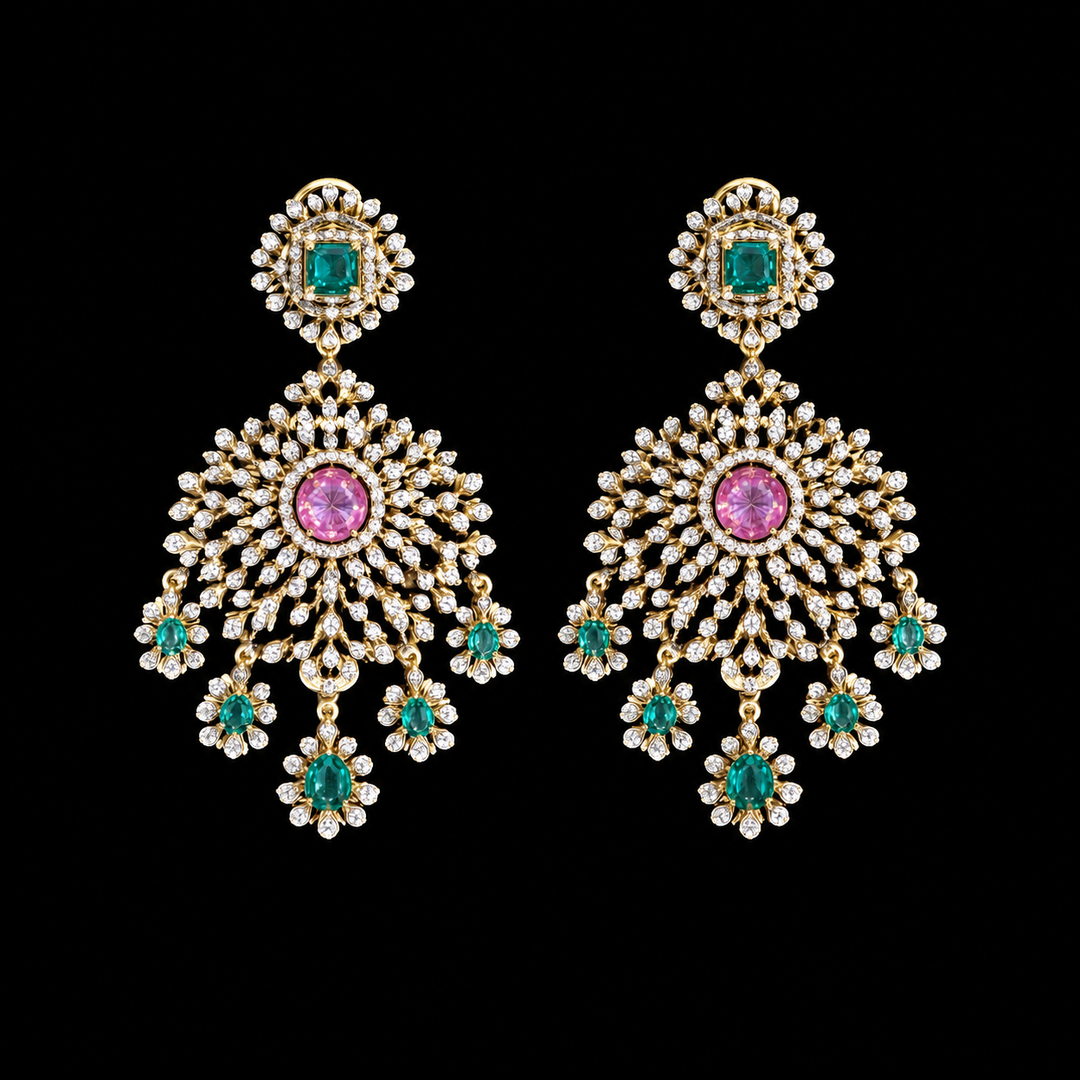 Royal Bloom Emerald & Pink Stone Chandbali Earrings