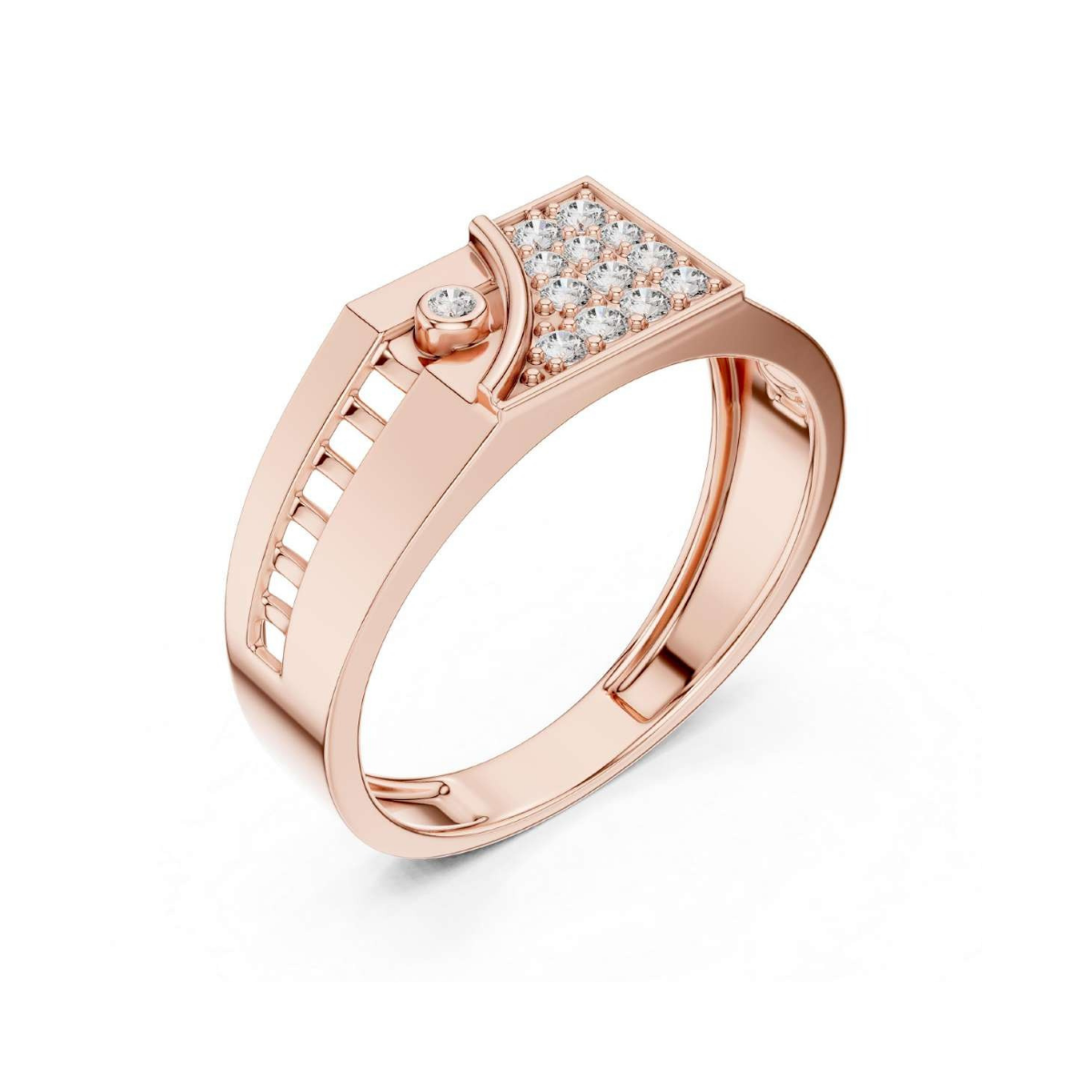 Rose gold ring with diamond accents on a white background