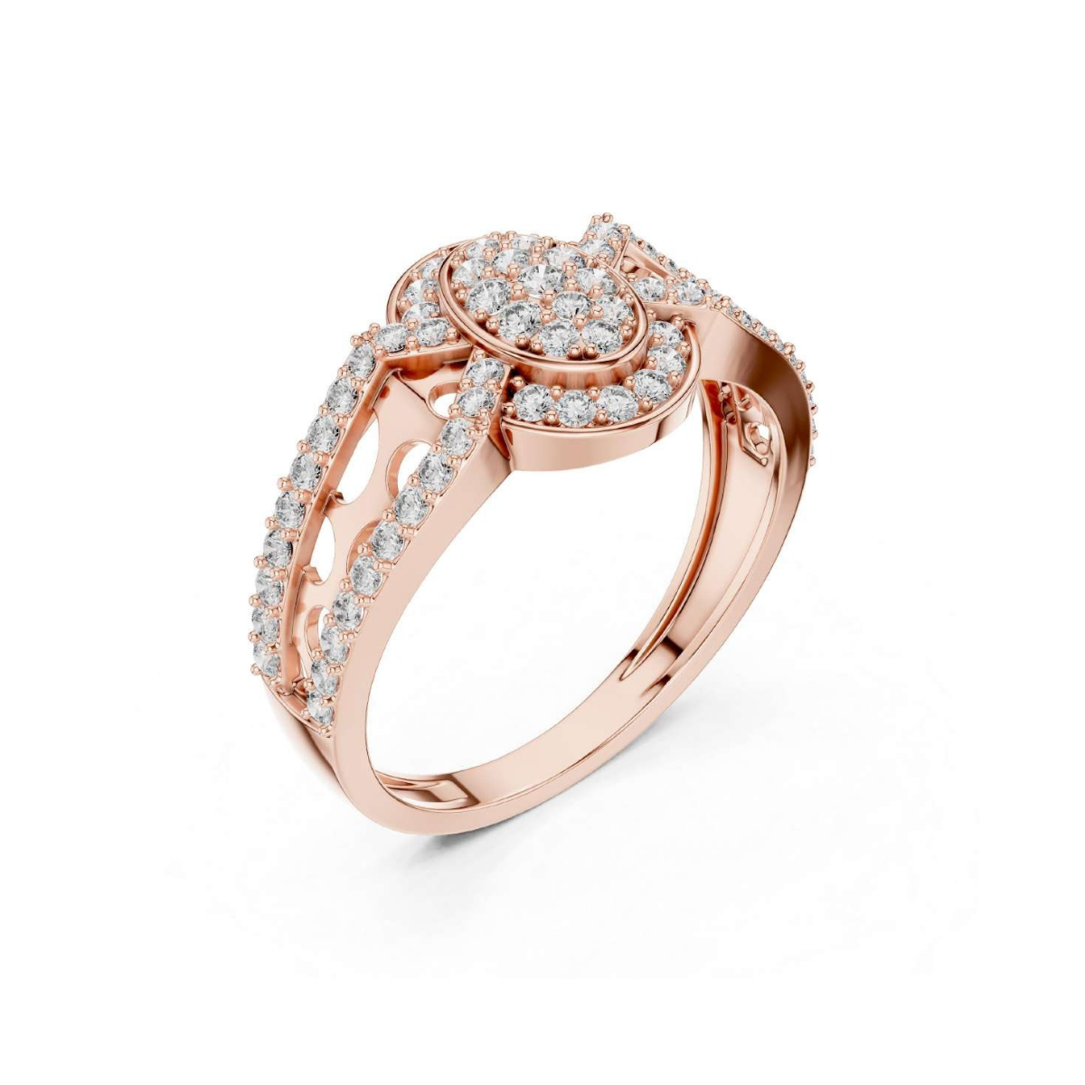 Rose gold ring with diamond accents on a white background