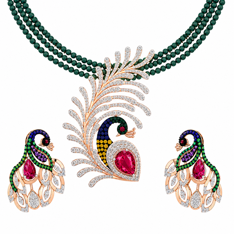 Emerald Feather Mayura Necklace Set