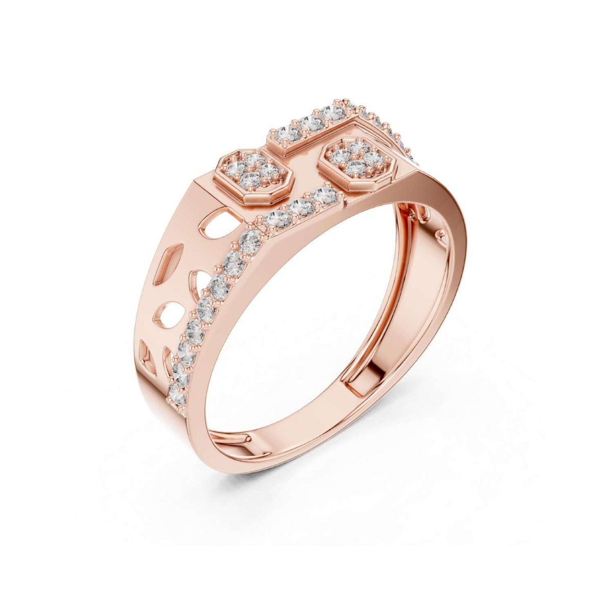 Rose gold ring with diamond accents on a white background