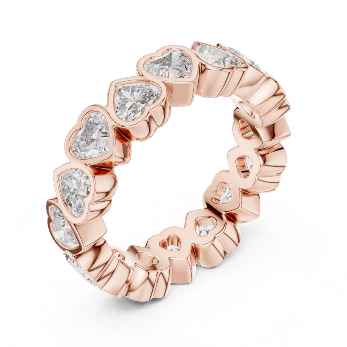 Rose gold ring with heart shaped gemstones on a white background