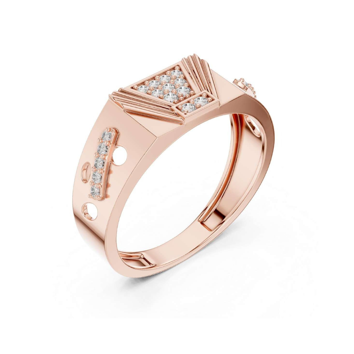Rose gold ring with diamond accents on a white background