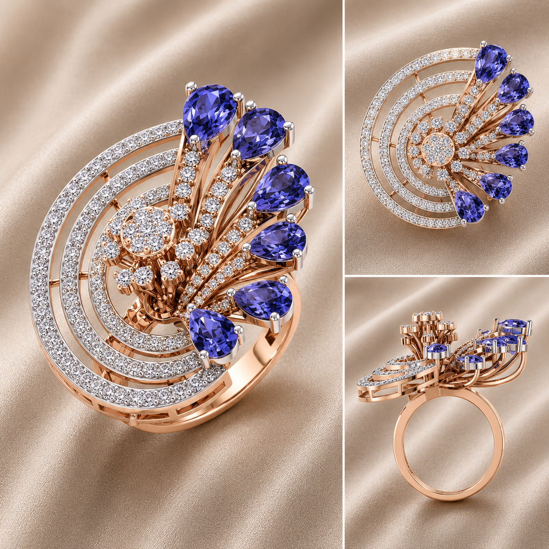 Royal Tanzanite Fan Diamond Cocktail Ring