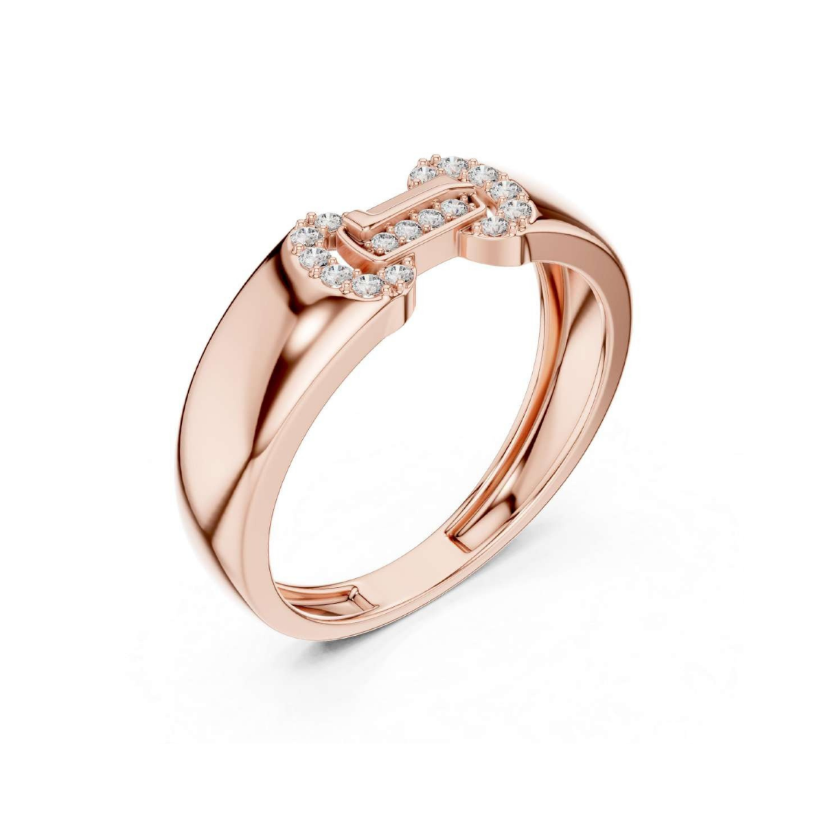 Rose gold ring with diamond accents on a white background