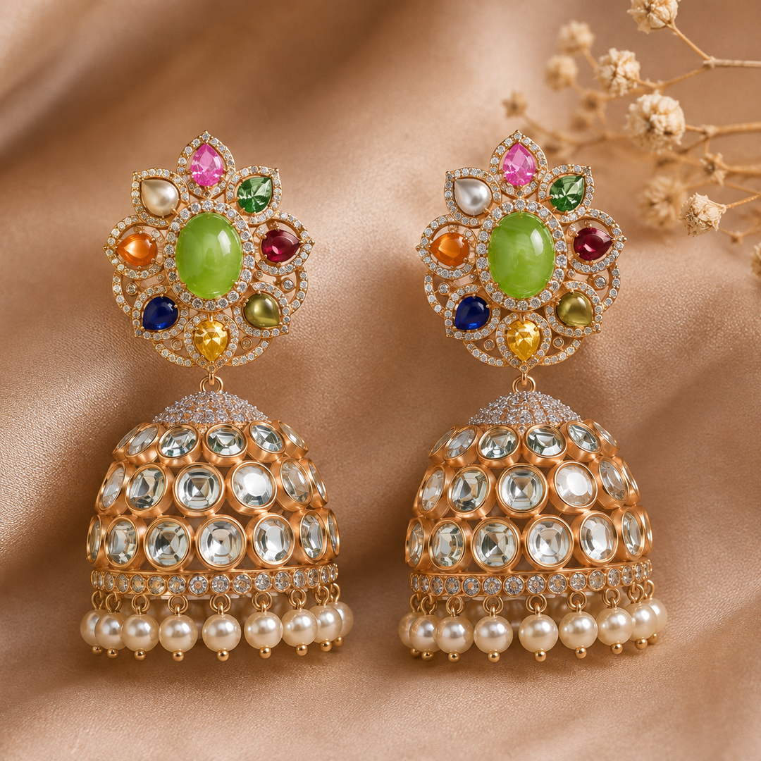 Navratna Kundan Jhumka Earrings