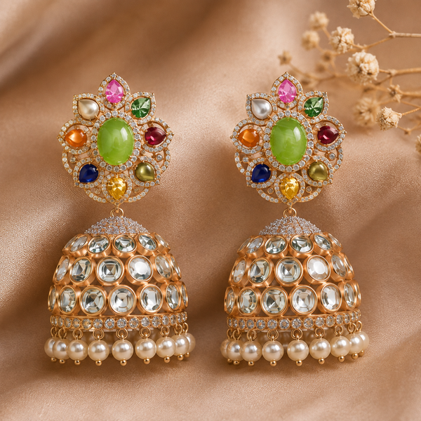 Navratna Kundan Jhumka Earrings