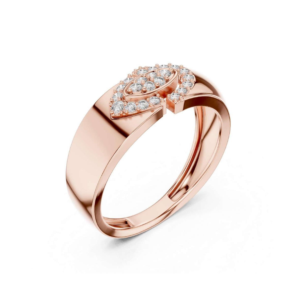 Rose gold ring with diamond accents on a white background