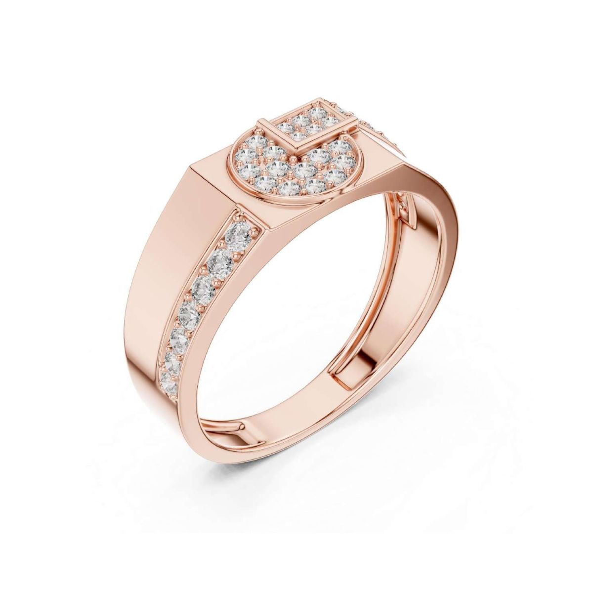 Rose gold ring with diamond accents on a white background