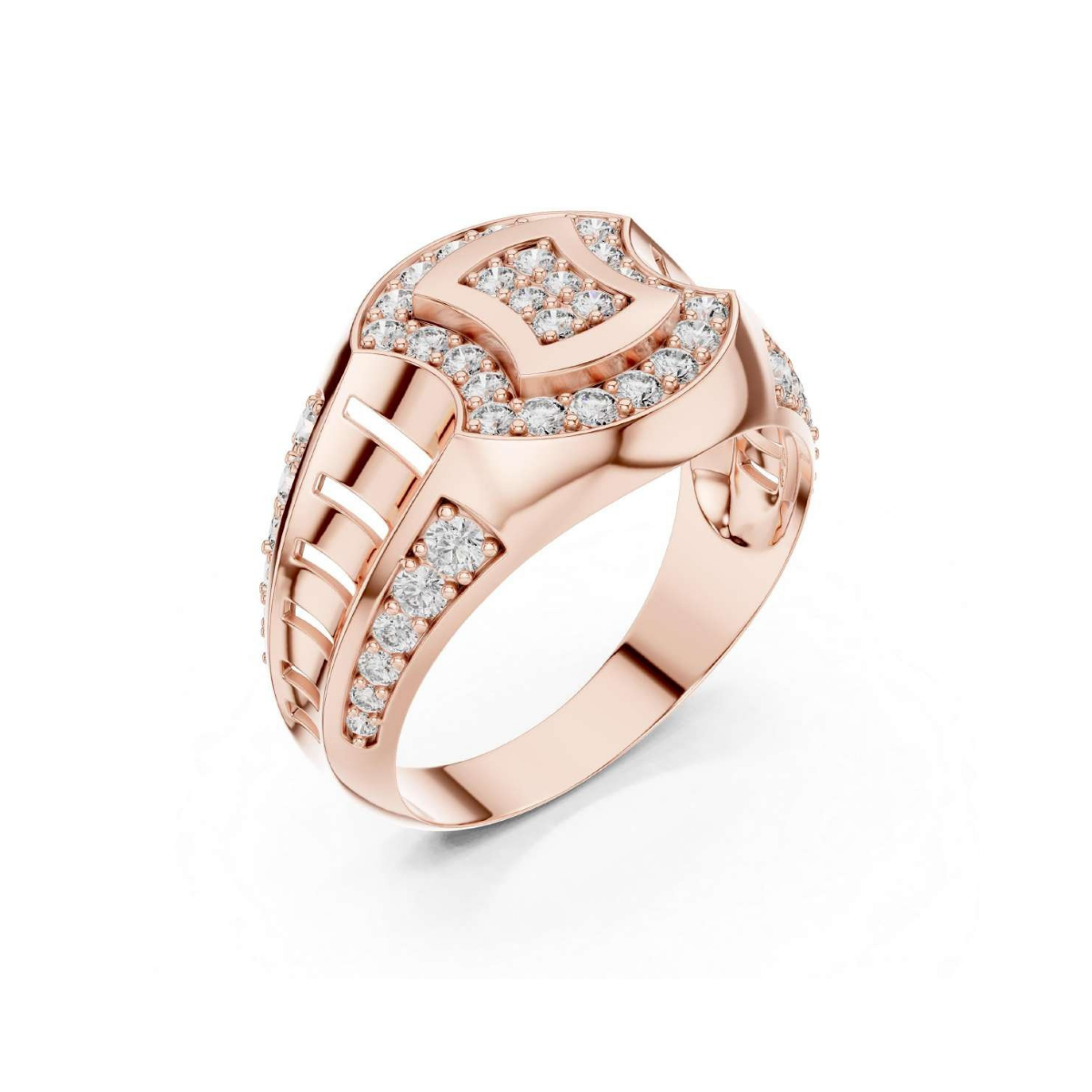 Rose gold ring with diamond accents on a white background