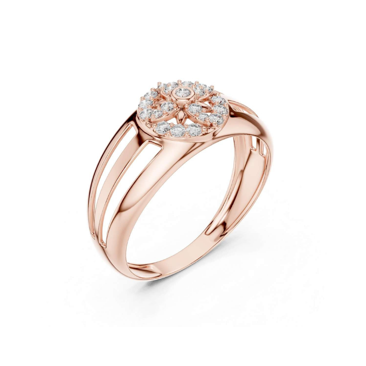 Rose gold ring with diamond embellishments on a white background