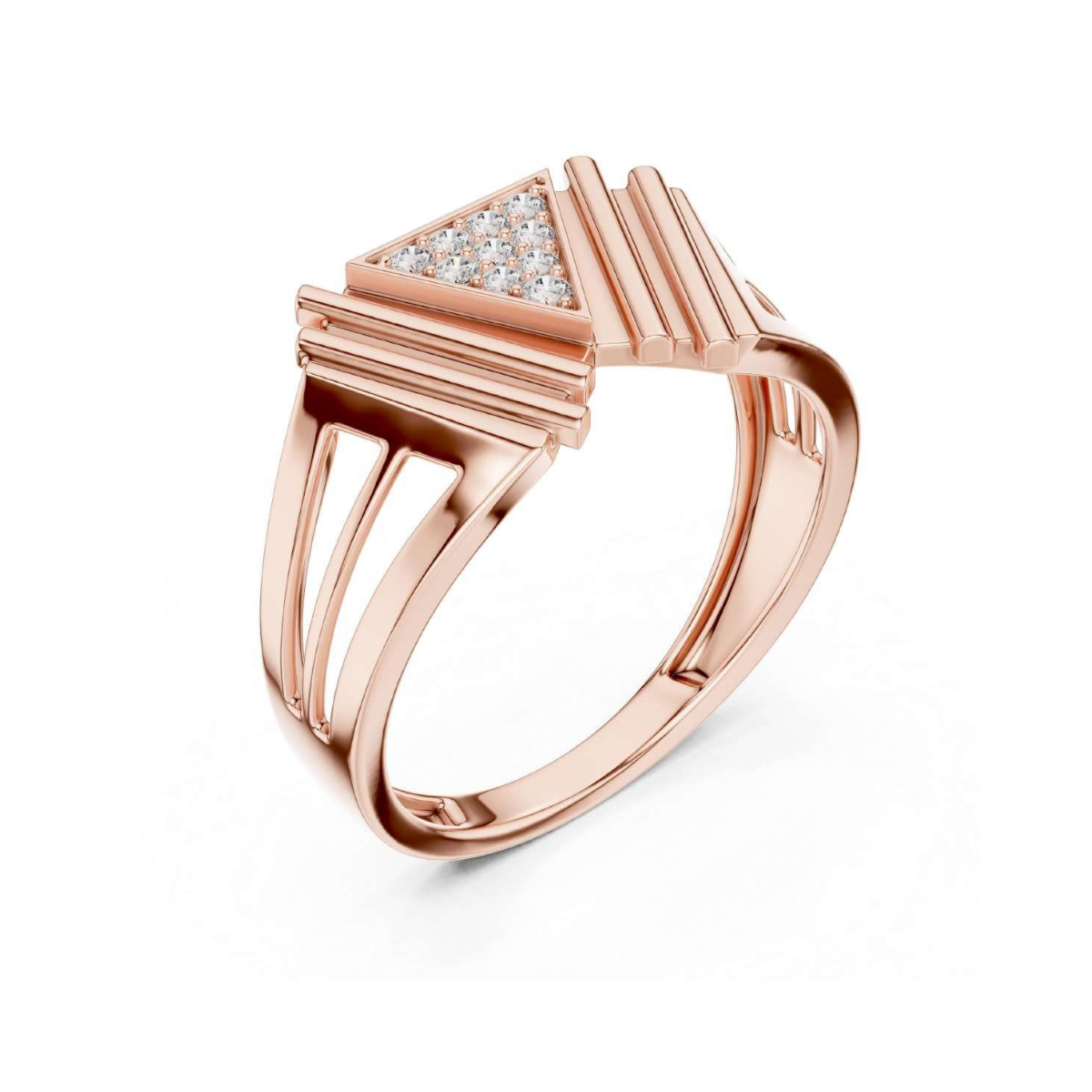 Rose gold ring with diamond accents on a white background