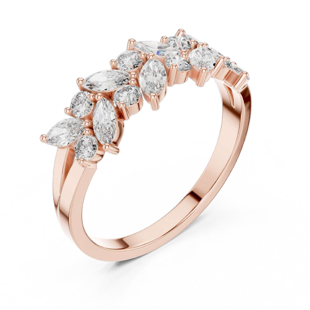 Rose gold ring with marquise shaped diamonds on a white background