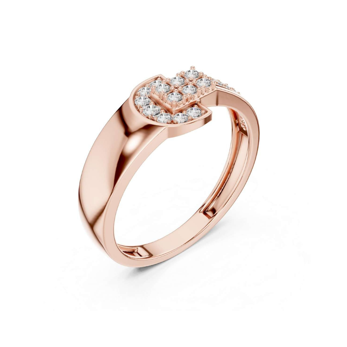 Rose gold ring with diamond accents on a white background