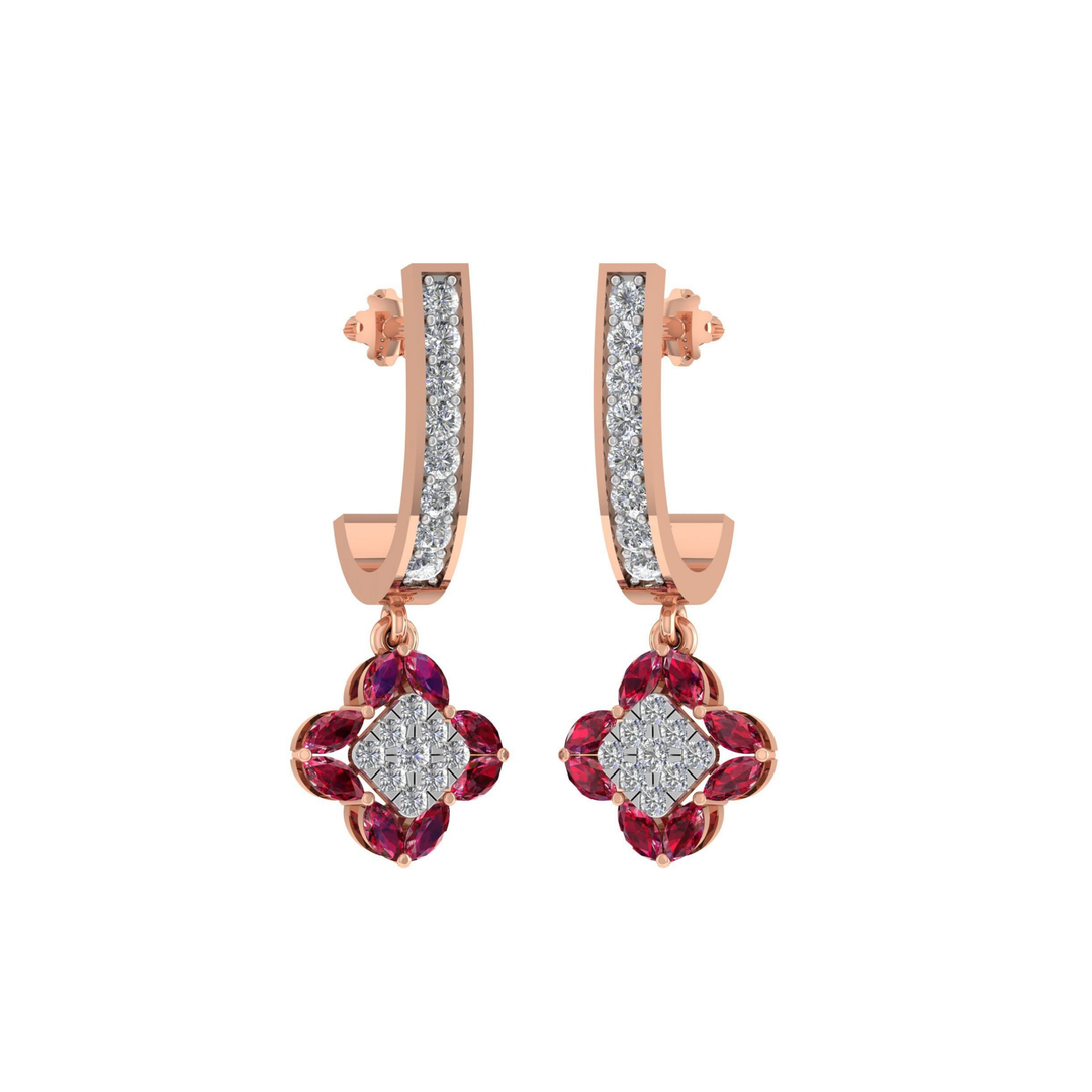 Rose gold earrings with red gemstones and clear stones on a white background