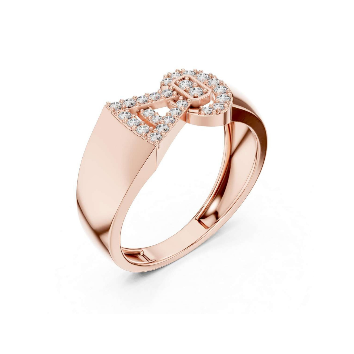 Rose gold ring with diamond accents on a white background