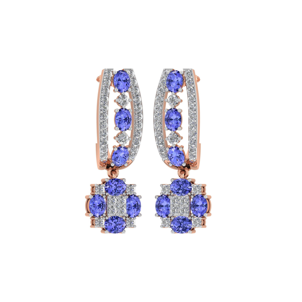 Rose gold earrings with blue gemstones on a white background