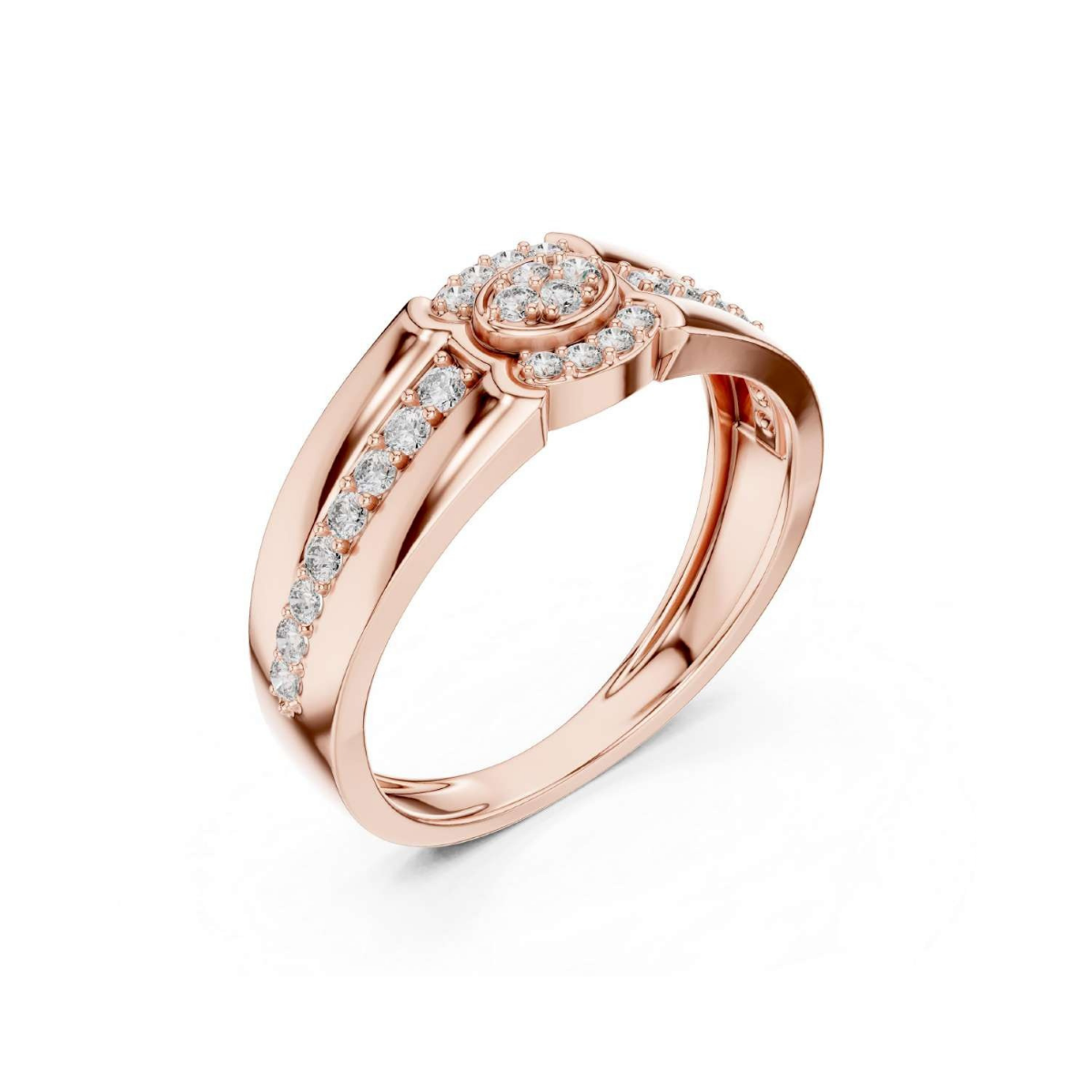 Rose gold ring with diamond accents on a white background