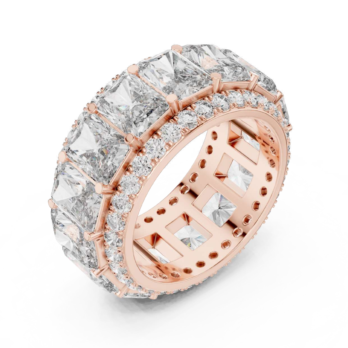 Rose gold ring with clear gemstones on a white background