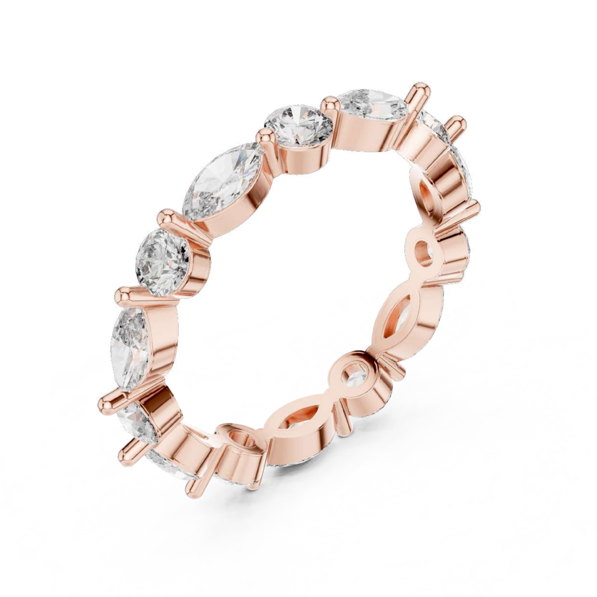Rose gold ring with clear gemstones on a white background