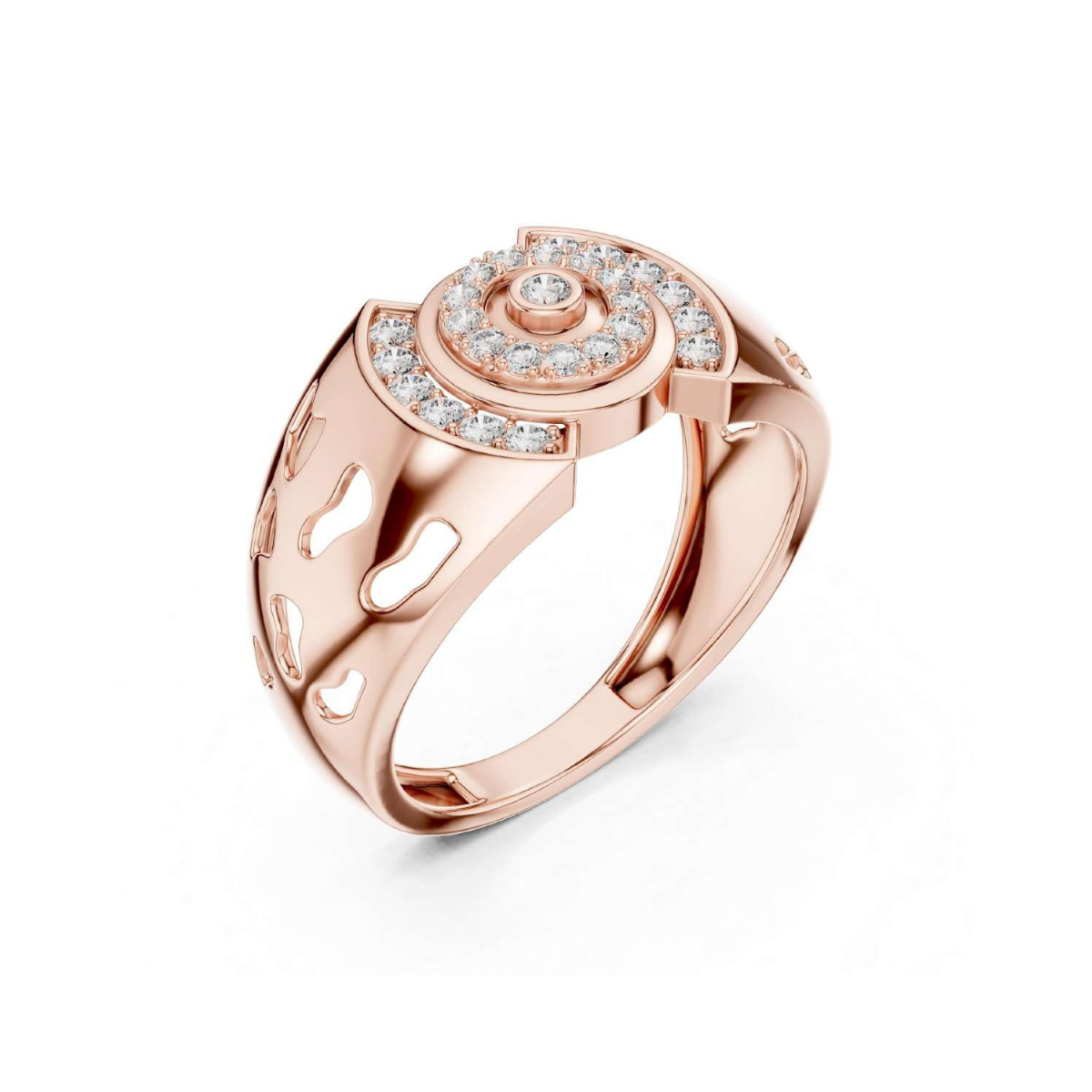 Rose gold ring with diamond accents on a white background