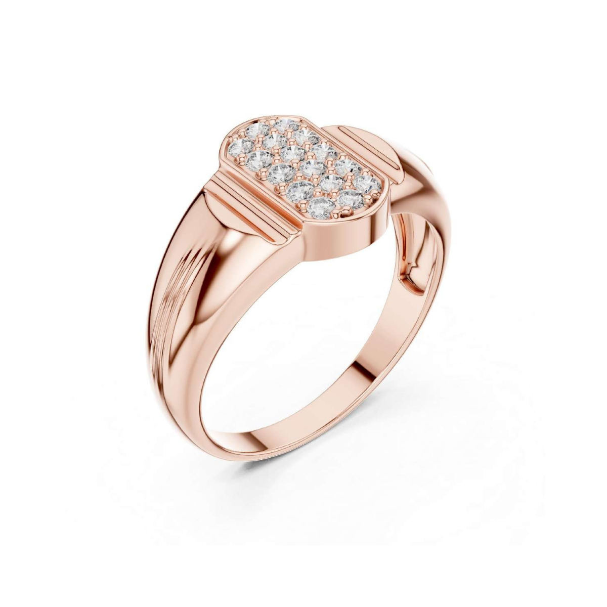 Rose gold ring with diamond accent on a white background