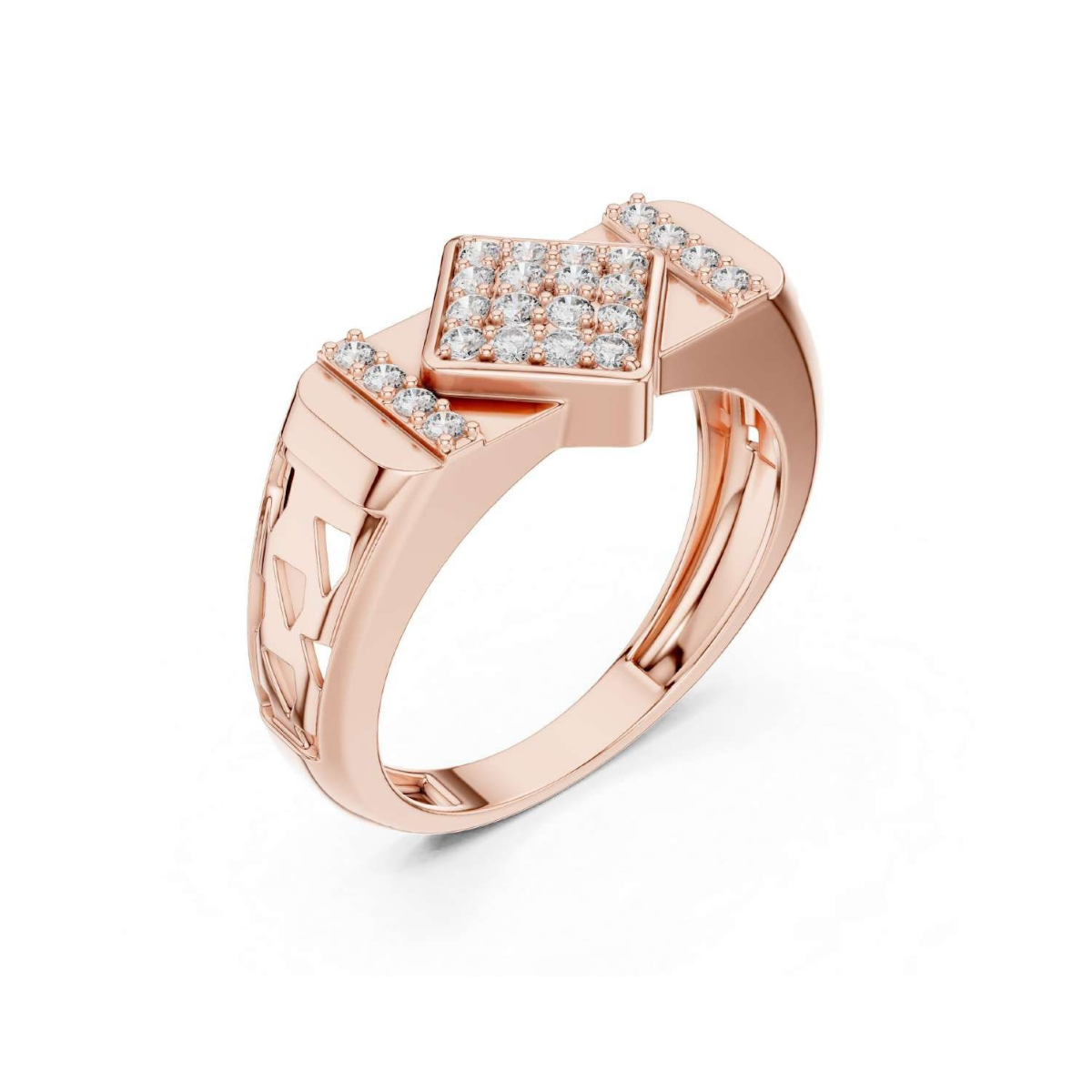 Rose gold ring with diamond accents on a white background