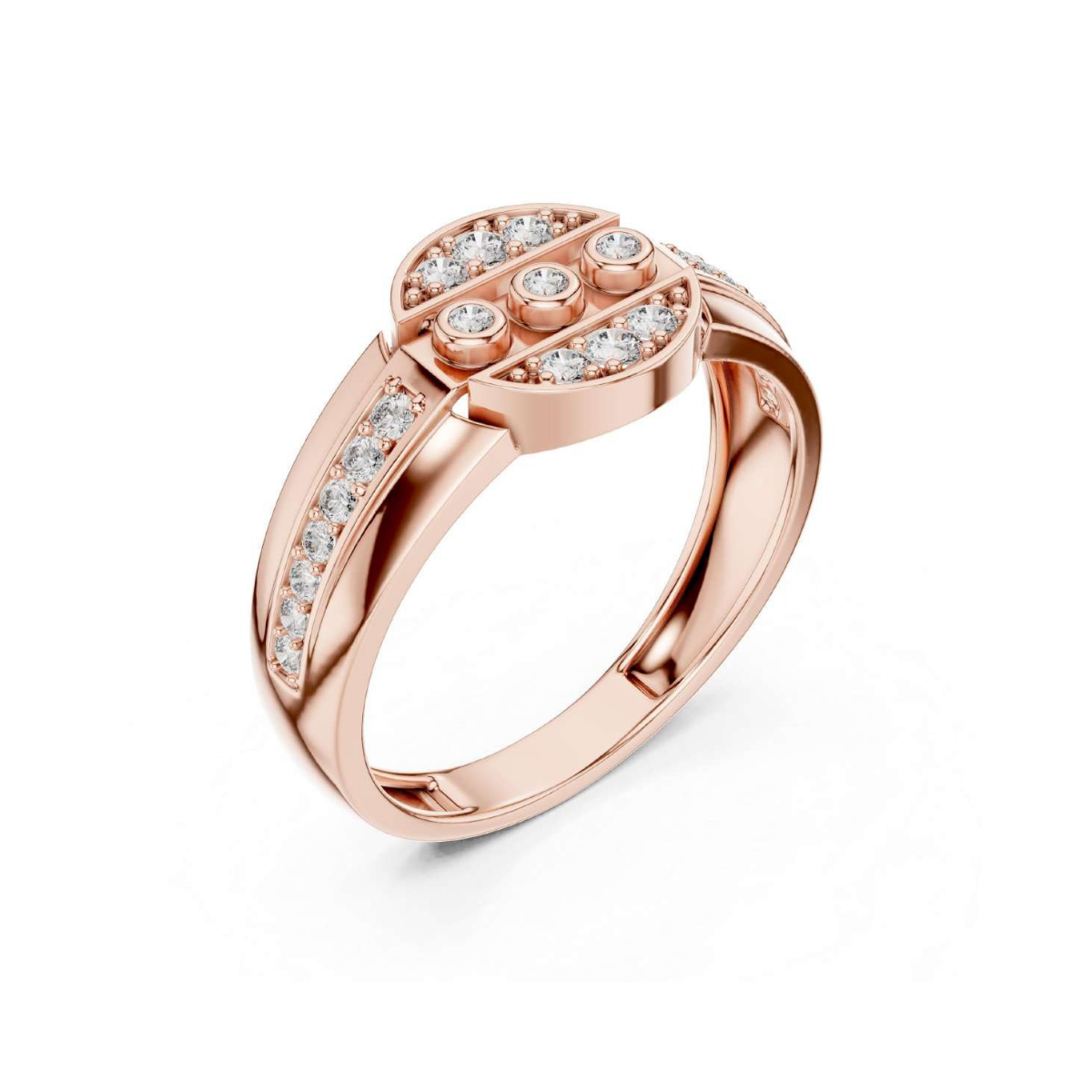 Rose gold ring with diamond accents on a white background
